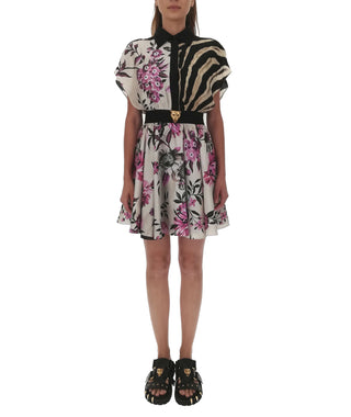 Roberto Cavalli,Ready to Wear Flower And Zebra-Print Silk Mini Dress