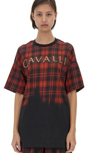Roberto Cavalli,Ready to Wear Tartan-Print Cotton T-Shirt