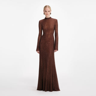 SELF PORTRAIT BROWN RHINESTONE MESH MAXI DRESS