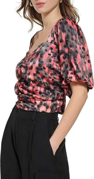 DKNY Short Sleeve Printed Satin Ruche