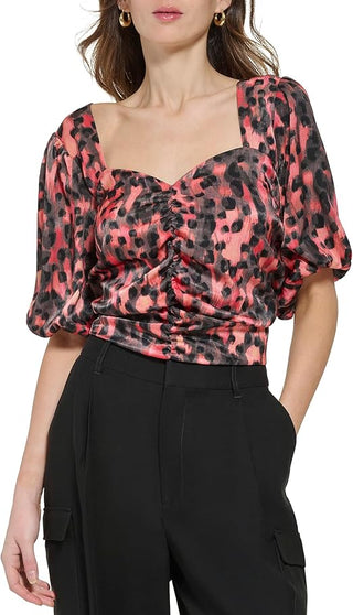DKNY Short Sleeve Printed Satin Ruche
