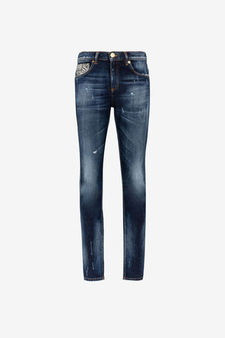 Roberto Cavalli Animalier Patchwork-Print Appliqué Slim-Fit Jeans