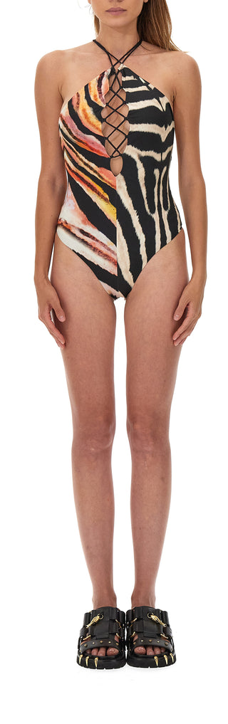 Roberto Cavalli,Ready to Wear Zebra-Print Lace-Up Swimsuit