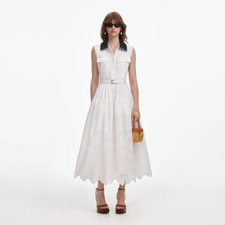 SELF PORTRAIT White Contrast Collar Broderie Midi Dress