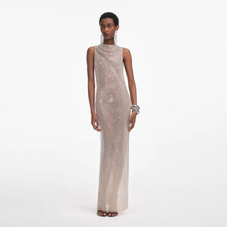 SELF PORTRAIT Silver Rhinestone Drape Maxi Dress