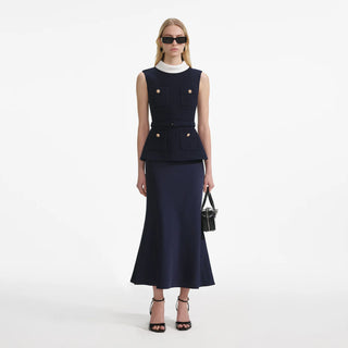 SELF PORTRAIT Navy Boucle Sleeveless Midi Dress