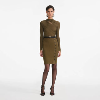 SELF PORTRAIT KHAKI CUT OUT RIB KNIT MINI DRESS