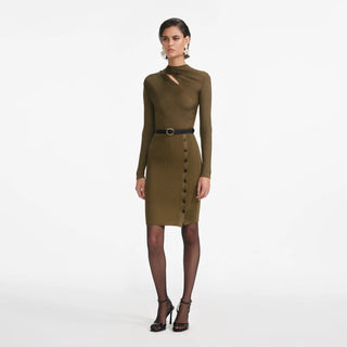 SELF PORTRAIT KHAKI CUT OUT RIB KNIT MINI DRESS