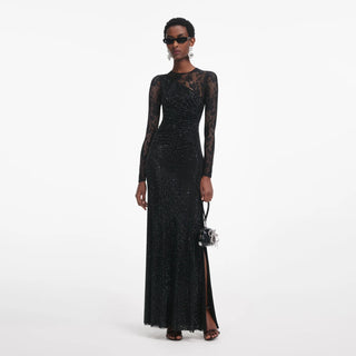 SELF PORTRAIT BLACK RHINESTONE LACE SLEEVES MAXI DRESS