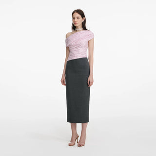 SELF PORTRAIT Pink Rhinestone Lace Drape Top