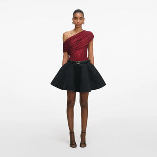 SELF PORTRAIT Black Flared Denim Mini Skirt