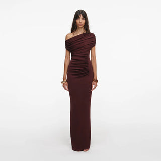SELF PORTRAIT Brown Draped Knit Midi Dress