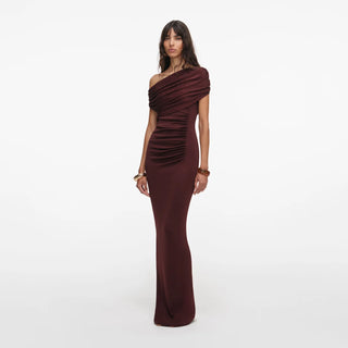 SELF PORTRAIT Brown Draped Knit Midi Dress