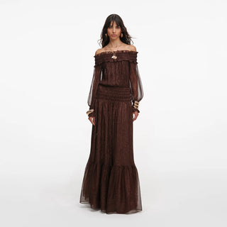 SELF PORTRAIT Brown Georgette Off Shoulder Maxi Dress