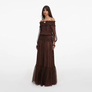 SELF PORTRAIT Brown Georgette Off Shoulder Maxi Dress