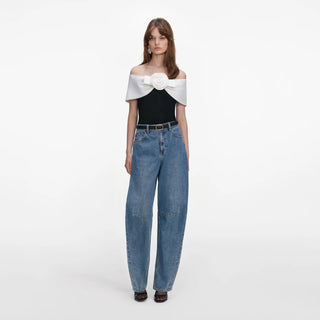 SELF PORTRAIT Black Crepe Flower Top