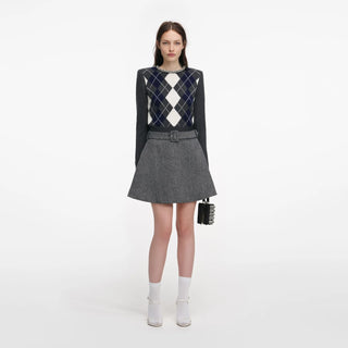 SELF PORTRAIT Grey Argyle Crystal Trim Jumper