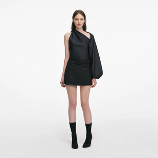 SELF PORTRAIT Black Taffeta Draped Sleeve Top