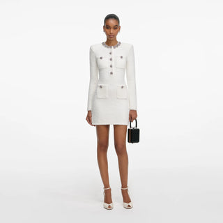 SELF PORTRAIT Cream Crystal Trim Knit Mini Dress