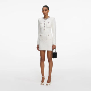 SELF PORTRAIT Cream Crystal Trim Knit Mini Dress