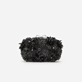 SELF PORTRAIT Black Satin Floral Crystal Clutch Bag