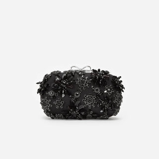 SELF PORTRAIT Black Satin Floral Crystal Clutch Bag