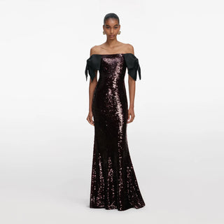 SELF PORTRAIT BROWN SEQUIN BOW MAXI DRESS