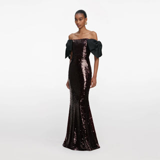 SELF PORTRAIT BROWN SEQUIN BOW MAXI DRESS
