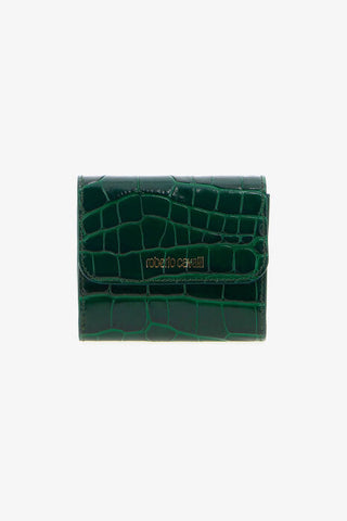 Roberto Cavalli Green Croc-Embossed Leather Card Case