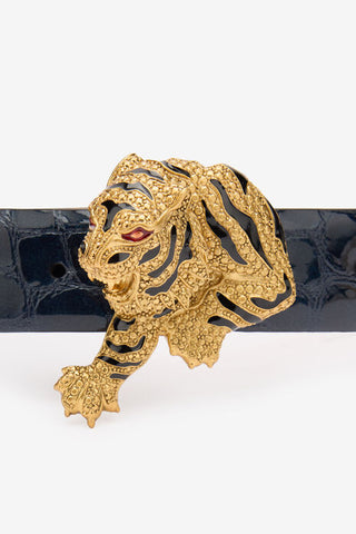 Roberto Cavalli Crocodile-Effect Belt With Bejeweled Tiger