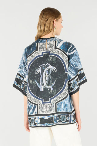 Roberto Cavalli T-Shirt With Mirror Snake Monogram And Marble Print