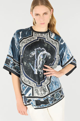 Roberto Cavalli T-Shirt With Mirror Snake Monogram And Marble Print
