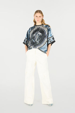 Roberto Cavalli T-Shirt With Mirror Snake Monogram And Marble Print