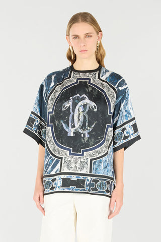 Roberto Cavalli T-Shirt With Mirror Snake Monogram And Marble Print