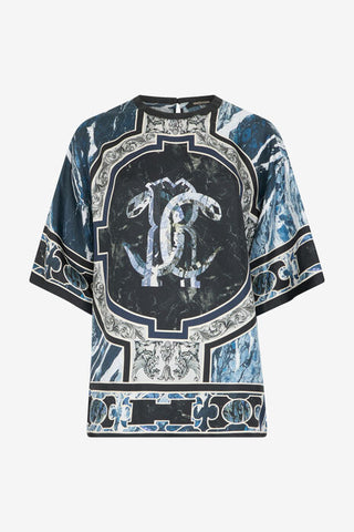 Roberto Cavalli T-Shirt With Mirror Snake Monogram And Marble Print